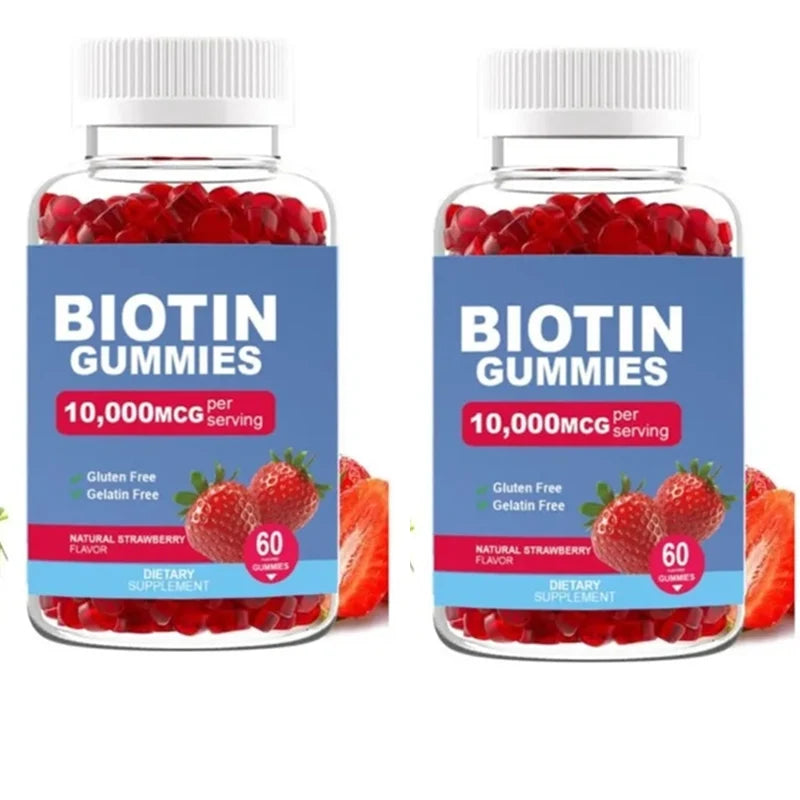 Biotin Gummies 10000 Mcg Hair Skin Nails Support, Vitamin B7 Beauty Supplement, Gluten Free Vegan Non-GMO Strawberry, 60 Gummies