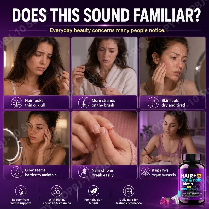 HAIR Skin Nails Beauty Formula with Biotin 10000mcg Collagen Hyaluronic Acid Daily Beauty Support 60 Capsules for Man and Woman