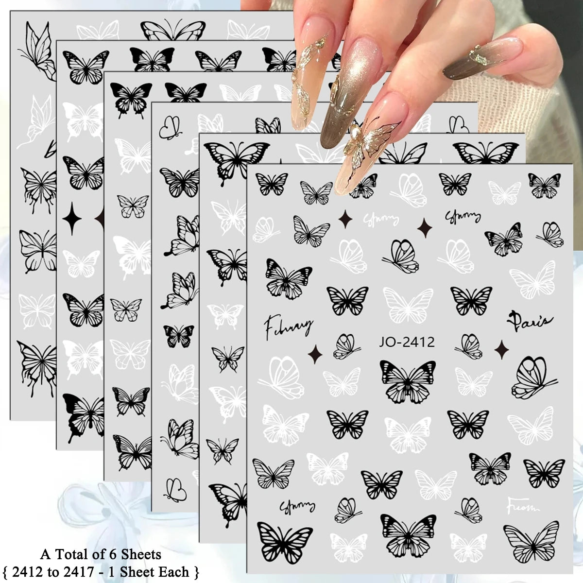 3/6/12 Sheets 3D Black White Butterfly Nail Stickers Self Adhesive Gothic French DIY Manicure Nail Decals