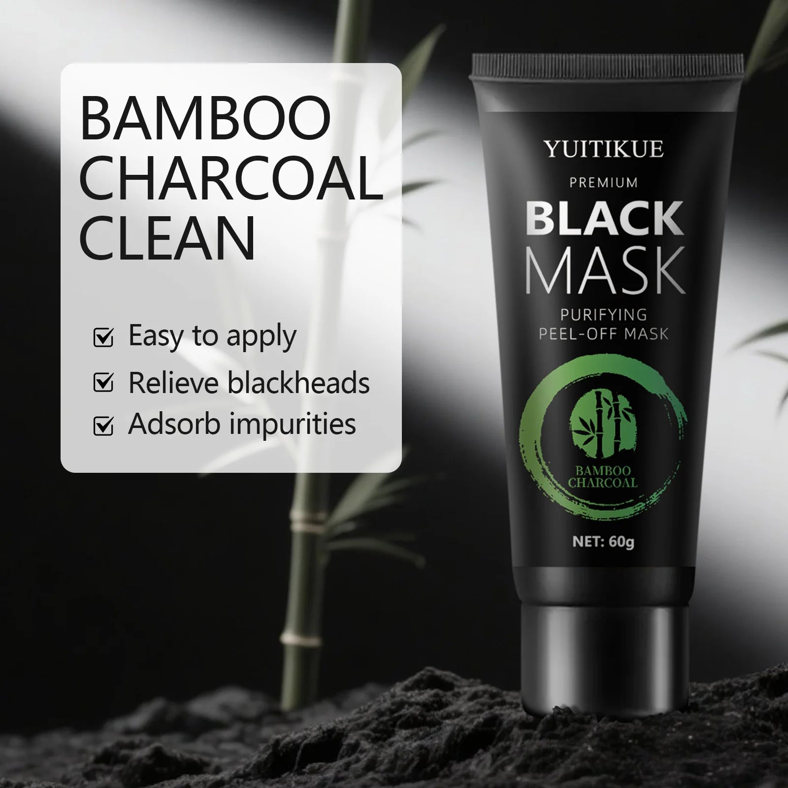Bamboo Charcoal Black Mask 60g - Anti-Wrinkle & Whitening, Deep Cleansing Peel-Off, Removes Blackheads & Impurities