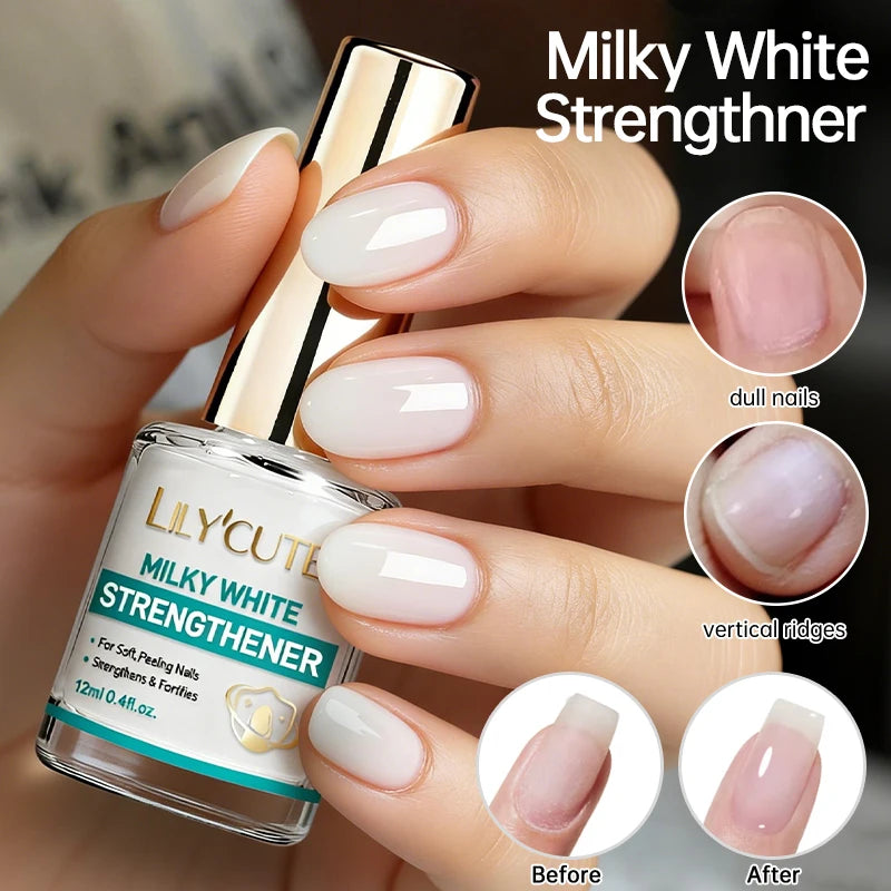 LILYCUTE 12ML Nail Care Polish Milky White Pink Strengthener 3 in 1 Effect Long Lasting Base Top Varnish Drying No Need Lamp