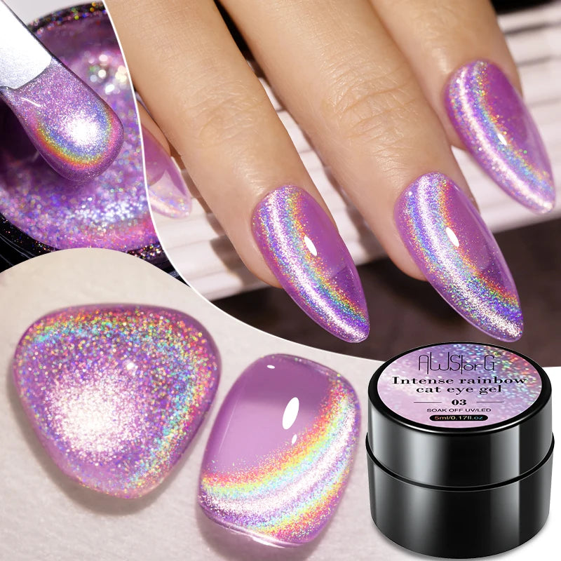 AWStorG Intense Rainbow Cat Eye Gel 5ml Holographic Laser Magnetic Nail Gel Soak Off UV LED Gel Polish Shiny Rainbow Manicur