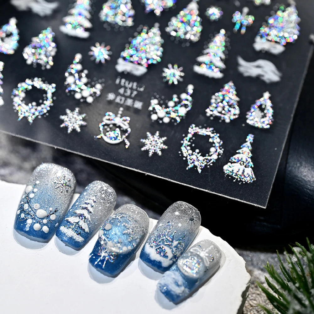 1pc 5D Gold Snow Christmas Tree Wreath Nail Art Stickers Bow Crystal Ball Pendant Winter Nail Decals New Year Xmas Nail Decorati