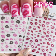 2pcs Valentines 3D Red Lips Print Nail Art Stickers Pink Kisses Nail Decals Adhesive Slider Valentine's Day Manicure Accessories