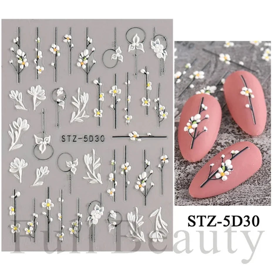 5D Simple Flowers Nail Embossed Stickers Elegant Wedding Design Adhesive Sliders Floral Textured Engraved Decoration Supplies