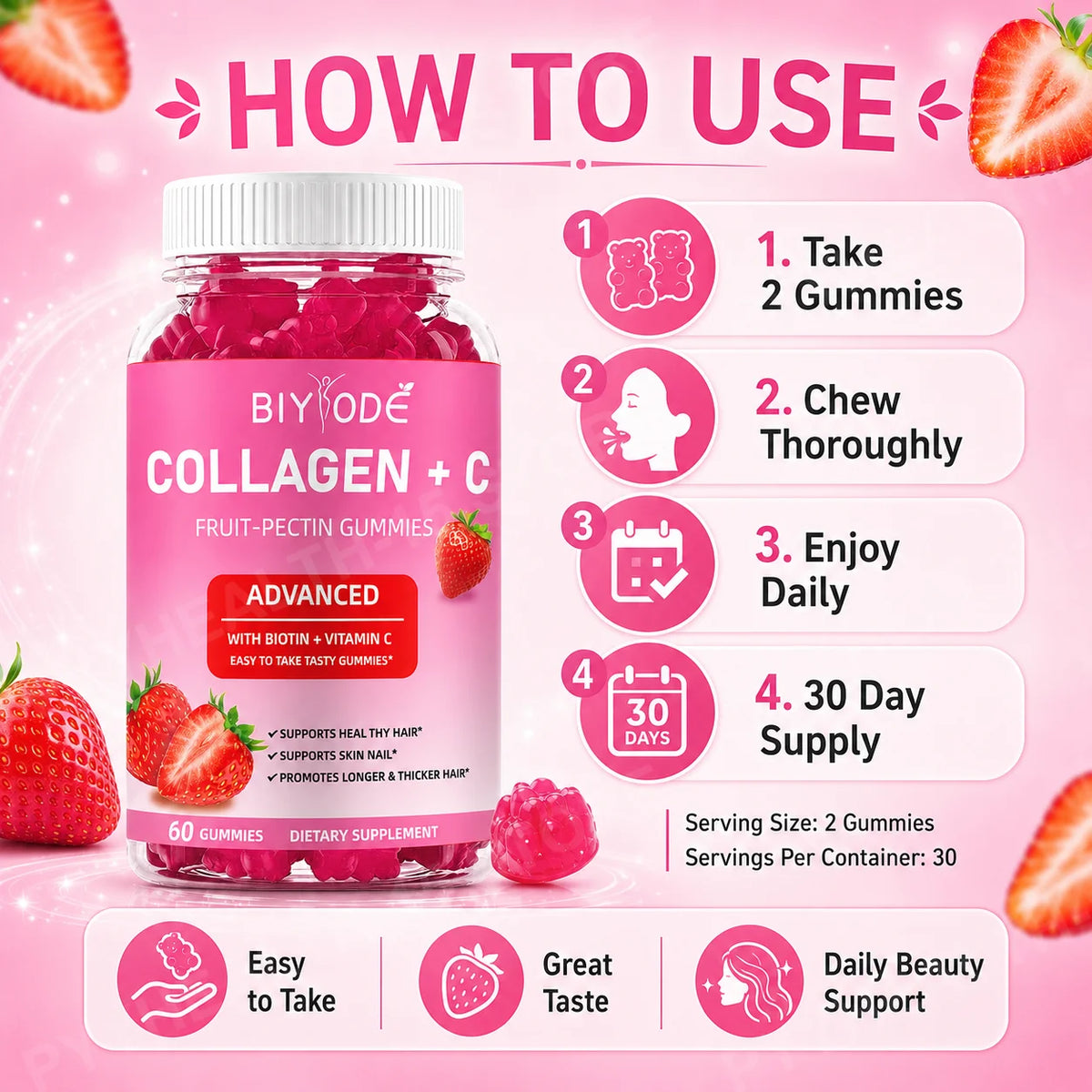 BIYODE Collagen + Vitamin C Gummies with Biotin, Strawberry Fruit Pectin Beauty Supplement for Hair Skin Nails Support, 60 Count