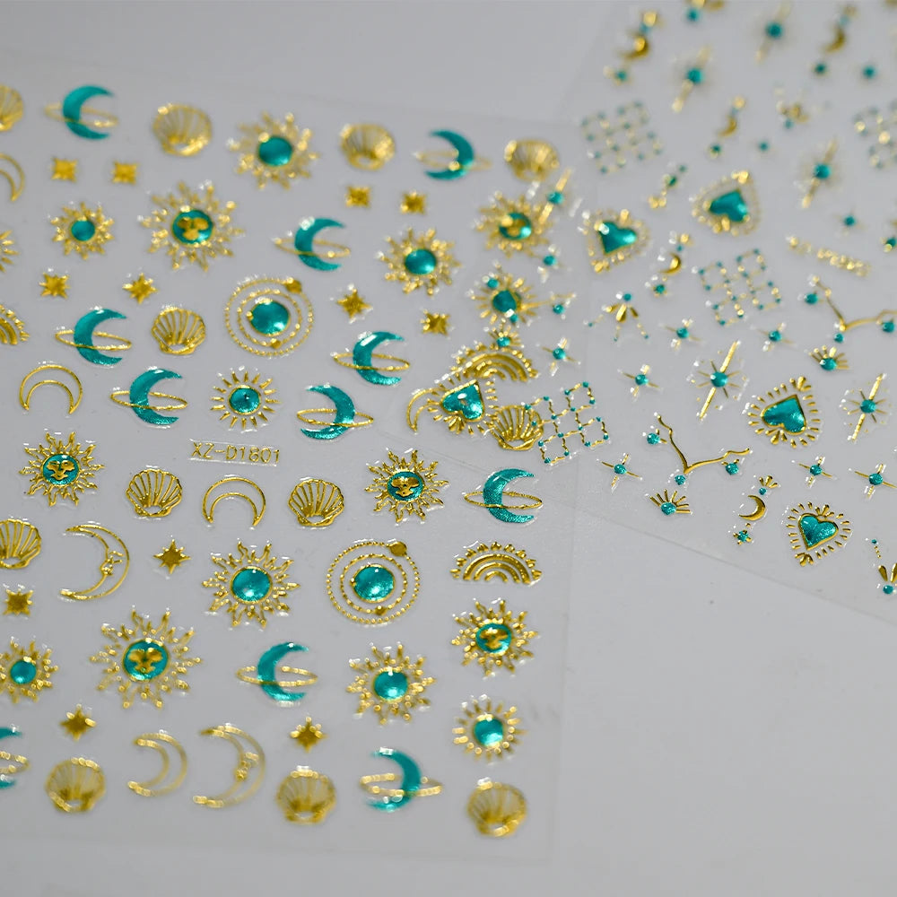 5D Gold Snake Star Moon Nail Art Stickers Lake Blue Gem Love Heart Nail Decal Y2 Holographic Metal Evil Eye Bohemian Nail Slider