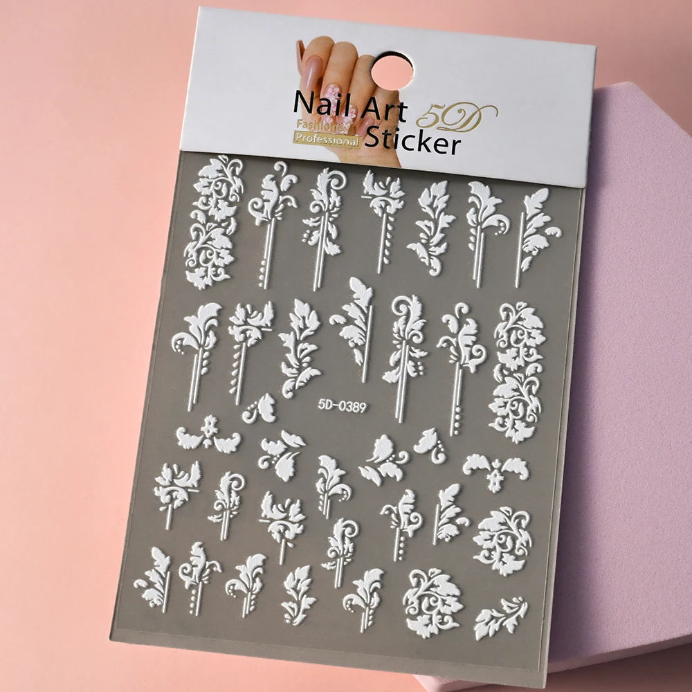 5D White Face Flowers Nail Art Stickers 8x10cm Elegant Wedding Bride White Floret Nail Decal Self-Adhesive Flowers Nail Slider