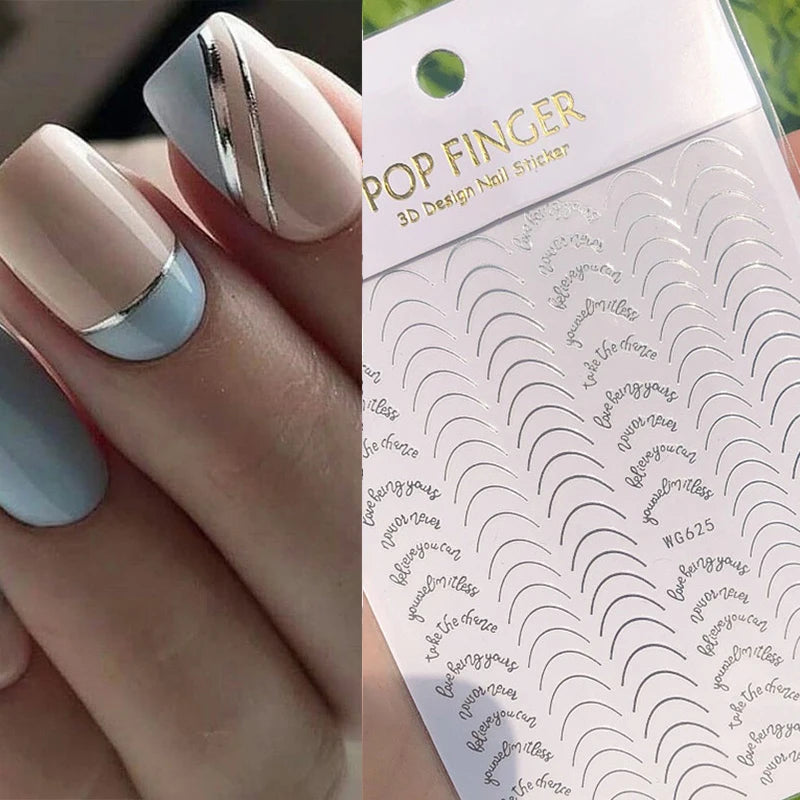 3D Nail Stickers Bronzing Gold Silver Lines Stripe Geometric Design Flowers Gradient Adhesive Slider Papers Nail Art Accessories