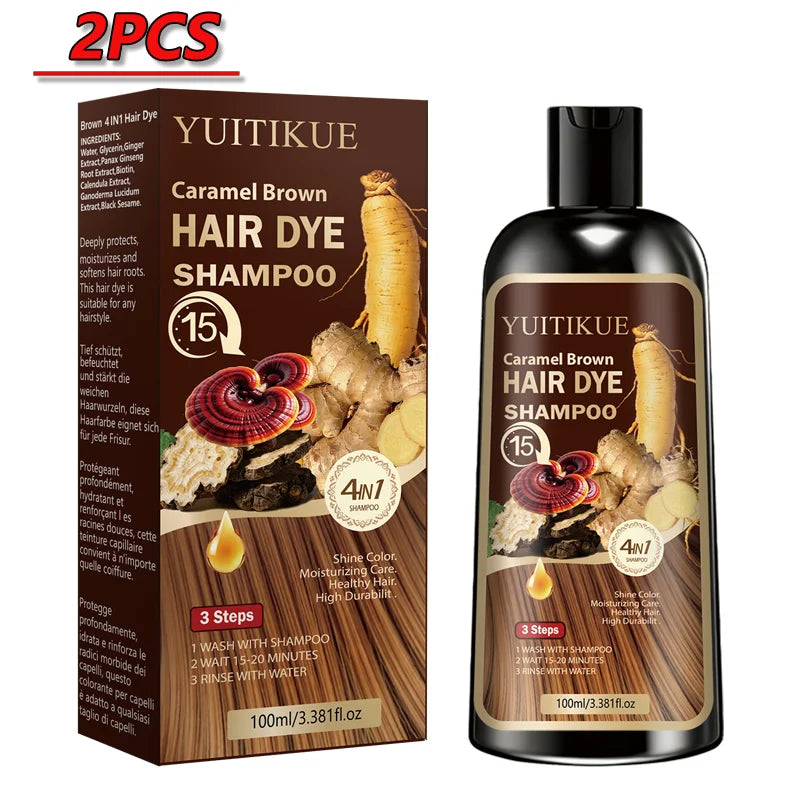 YUITIKUE 4-in-1 Caramel Brown Hair Dye Shampoo 100ml - Natural Instant Color Shampoo with Moisturizing Care