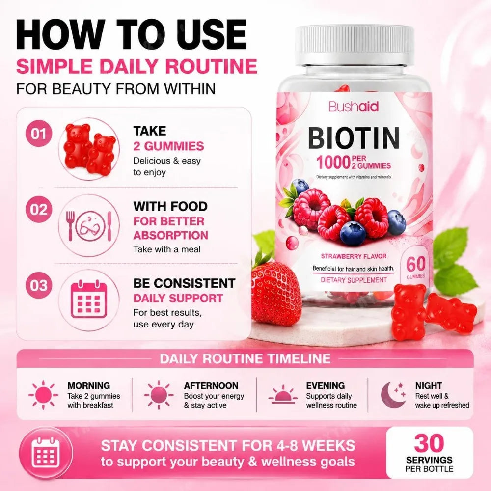 Bushaid Biotin Gummies 1000mcg Hair Skin Nails Vitamins A C D E B6 B12 Folate Strawberry Non-GMO Vegan Gluten Free 60 Count