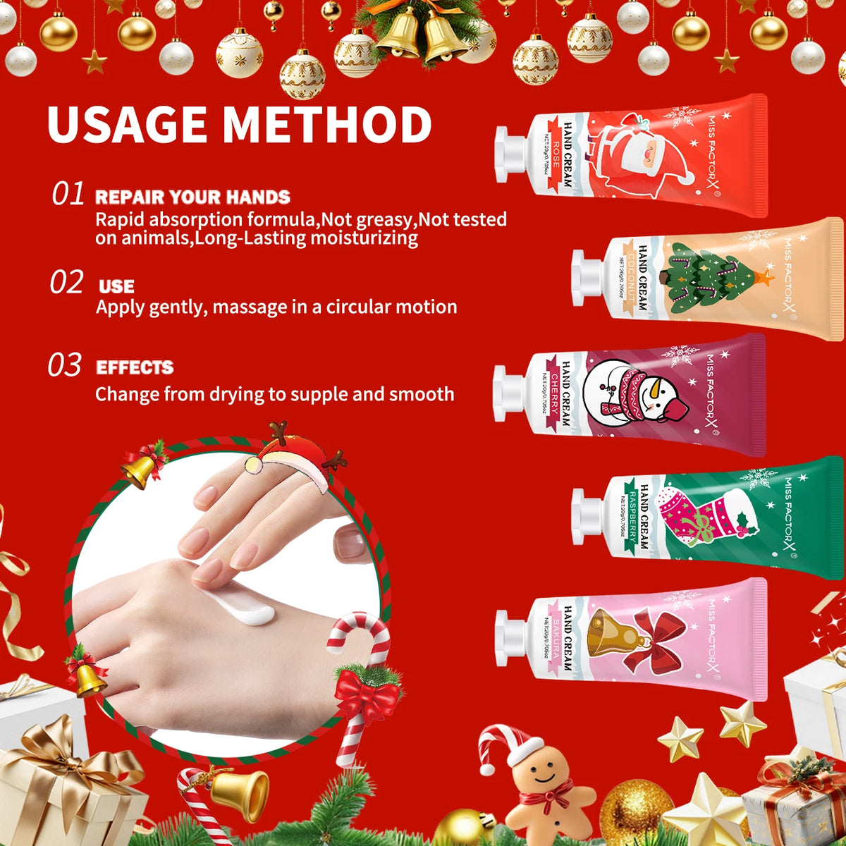 10 piece set of 5 different fragrances of Christmas hand cream - moisturizing and nourishing, suitable for dry skin