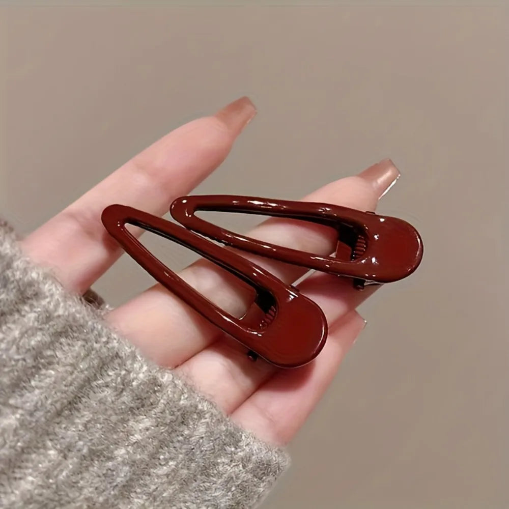 2pcs Advanced Wine Red Minimalist Oval Duckbill Clip Minimalist Side Broken Hair Clip Commuting Versatile Temperament Headband