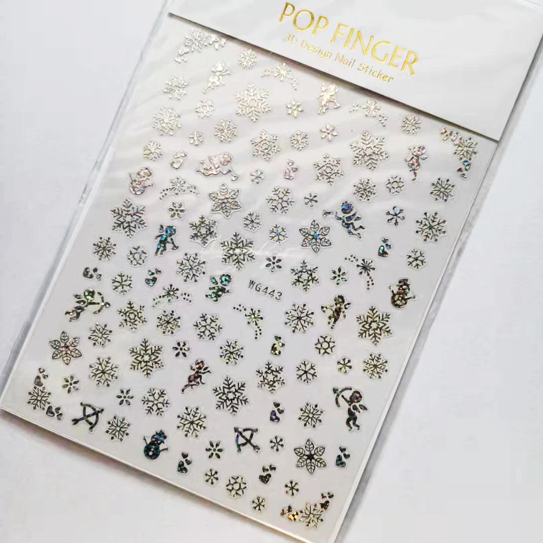 Sliver Bronzing 3D Christmas Nail Art Decoration Sticker Sparkly White Colorful Glitter Geometry Snowflake Winter Slider Foil