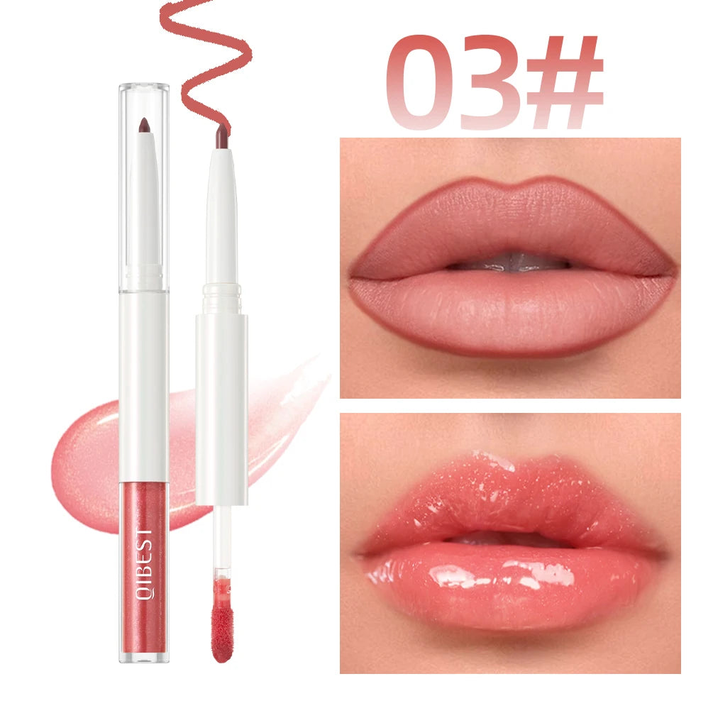QIBEST Double Head Mirror Lip Glaze Lipliner Pen Water Light Lipgloss Makeup 2 in 1 Stick Matte Velvet Lip Liner Contour Pencil