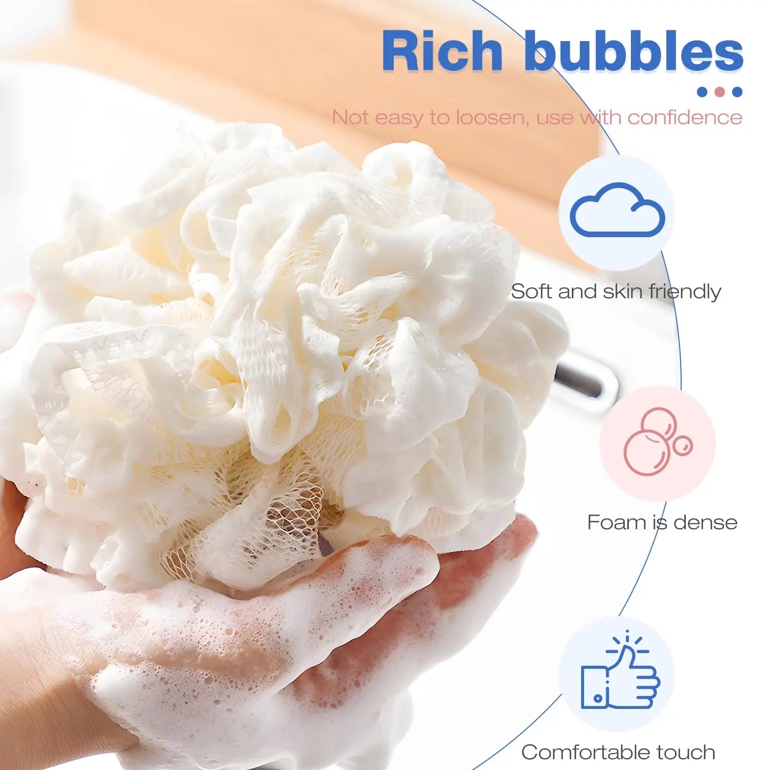 Shower Sponge Eco-Friendly Soft Mesh – Rich Lather Bath Scrunchie with Hanging Loop Lace Trim for Women Men (White/Blue/Pink)