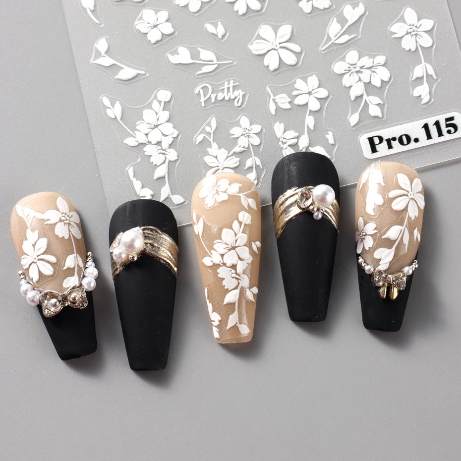 2pcs White Flower 3D Nail Art Stickers Sakura Blooming Florals Leaf Self-Adhesive Nail Decorations Sliders for DIY Manicure