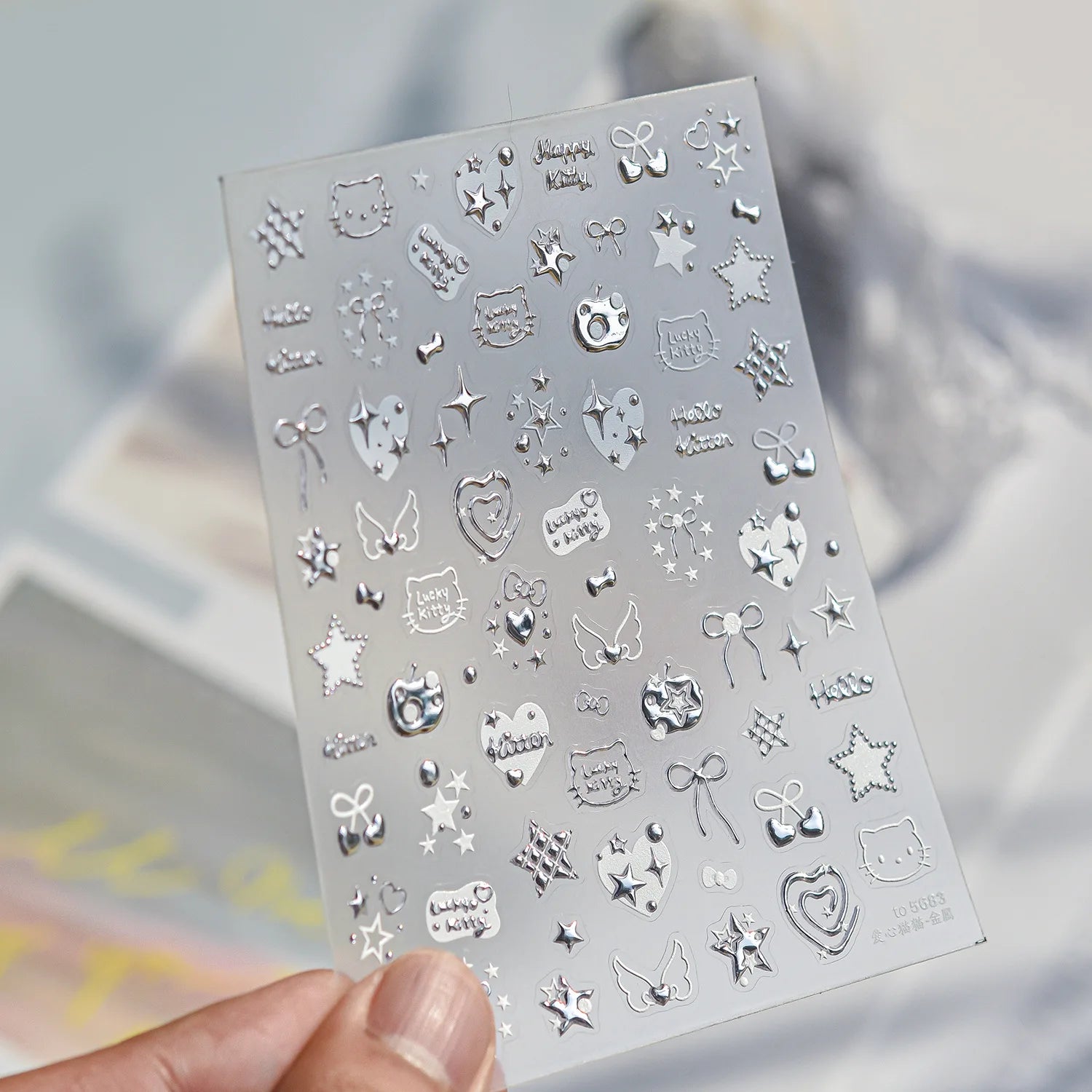 1pc 5D Metallic Silver Nail Stickers Stars Bow Love Heart Back Adhesive Nail Art Sticker DIY Cute Nails Decorations Decals Parts