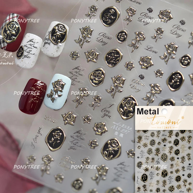 Elegant Pink Purple Flower Rose Colourful Gentle Petal Peach Blossom Metal Shiny Self Nail Art Sticker Decoration Manicure Decal