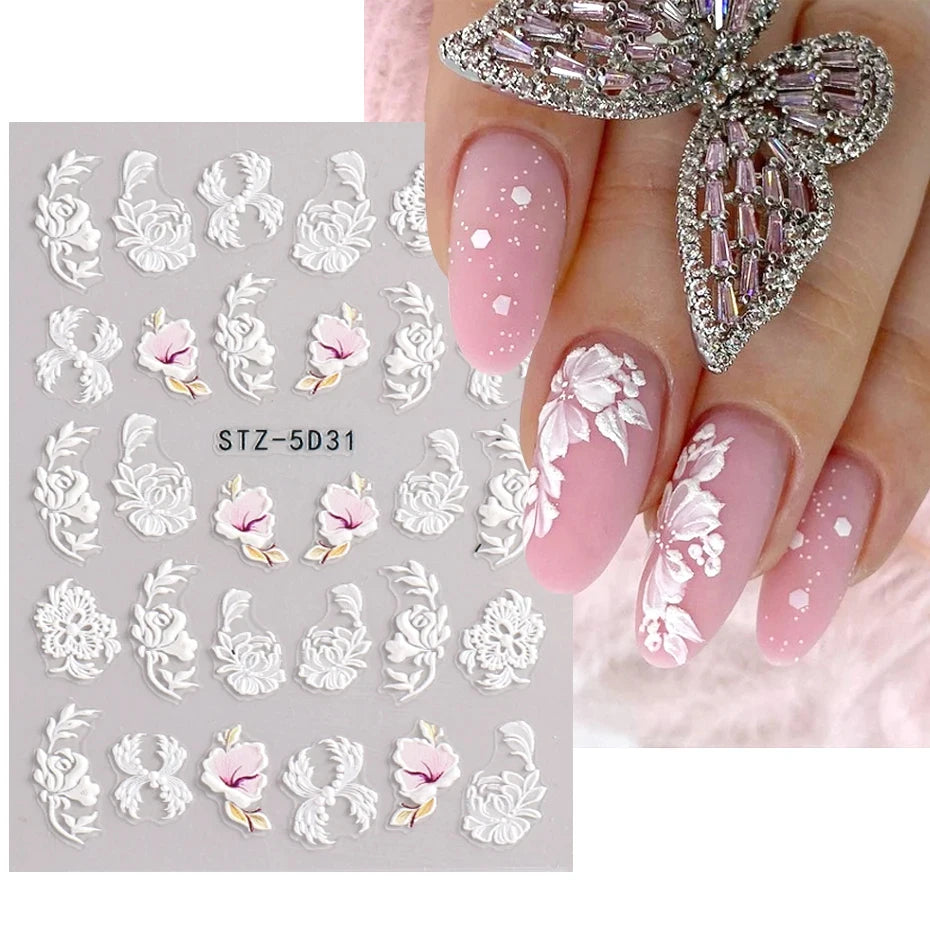 5D Simple Flowers Nail Embossed Stickers Elegant Wedding Design Adhesive Sliders Floral Textured Engraved Decoration Supplies
