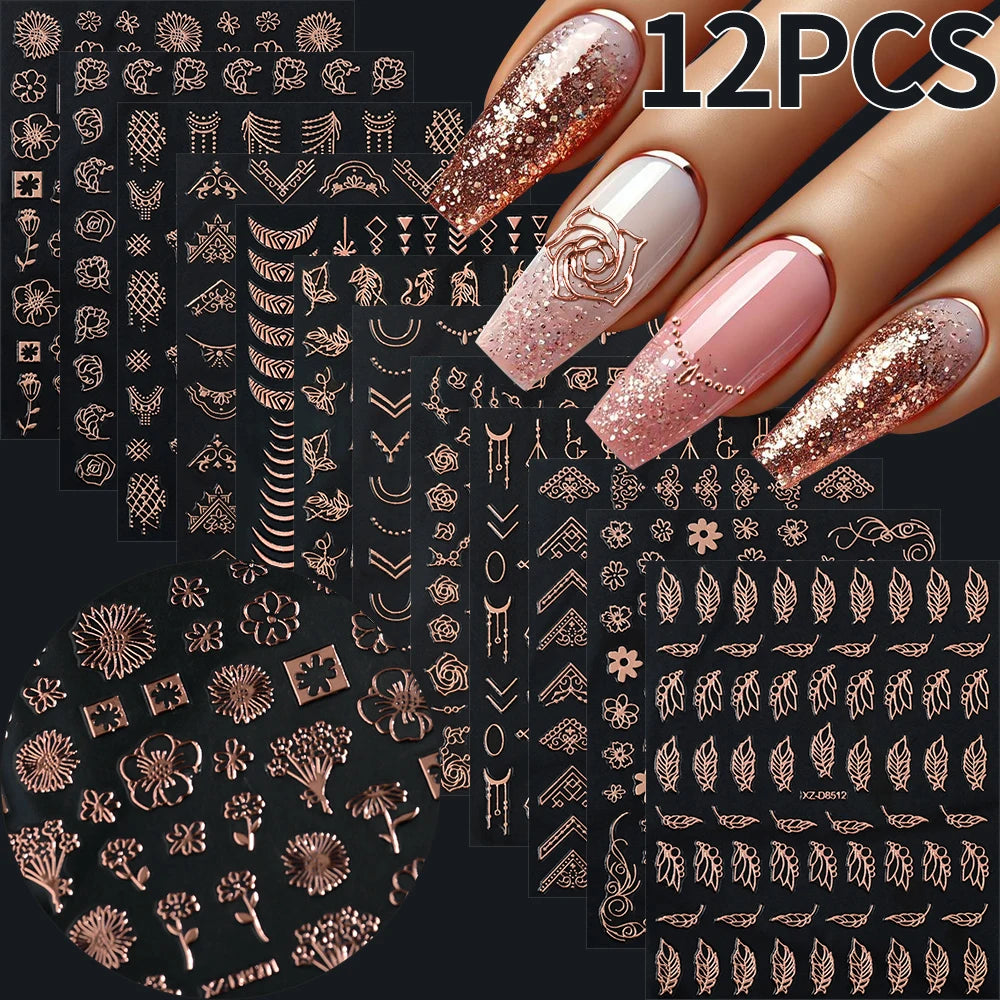 12Pcs 3D Laser Gold Silver Sun Star Moon Nail Stickers Y2K Snake/Starlight/Heart Adhesive Decals DIY Bronzing Nail Sliders