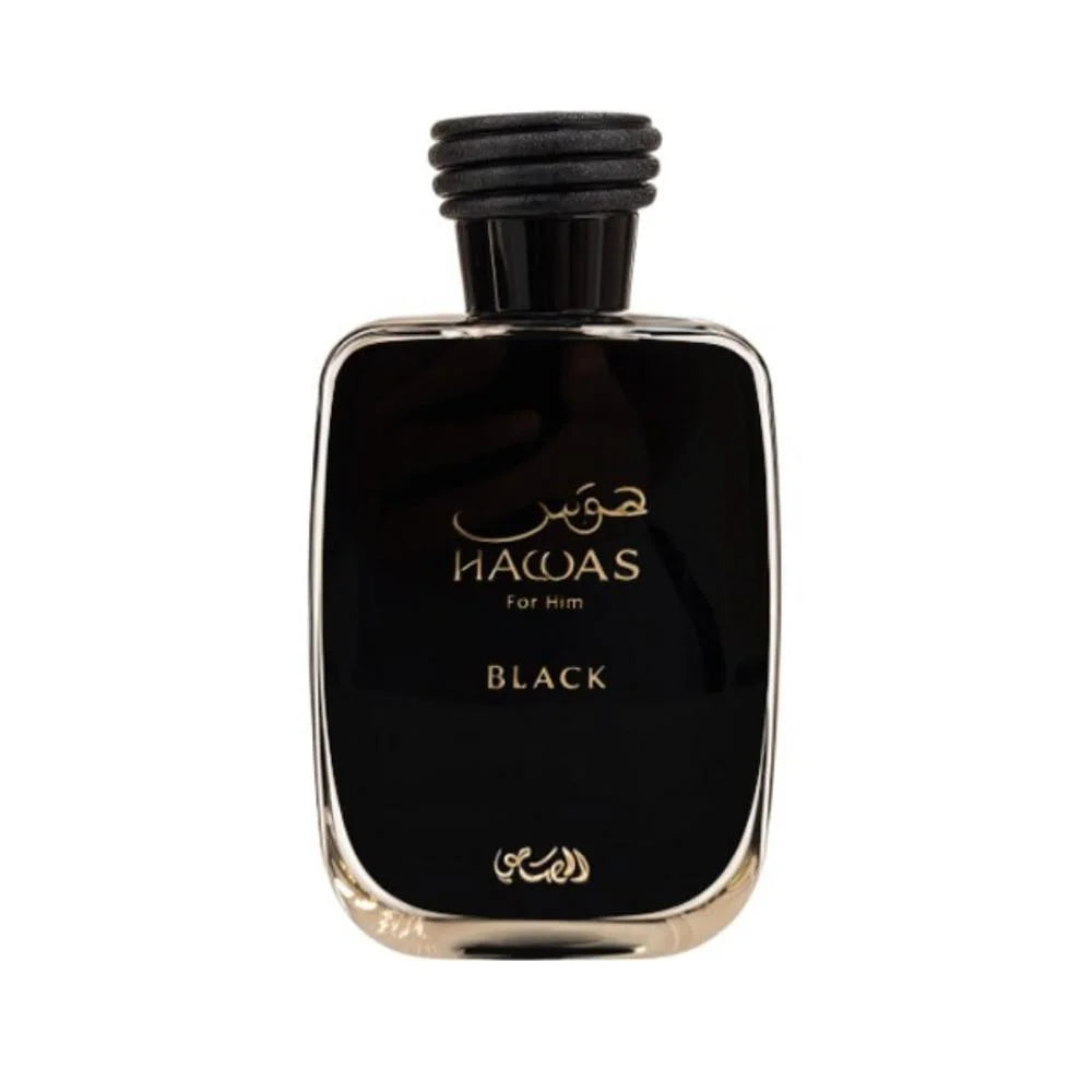 Rasasi Hawas Black EDP Spray 100ml Men's Fragrance Black & Gold Bottle Oriental Fougère Scent with Bergamot Lavender Ambergris Perfect Holiday Birthday Gift for Him