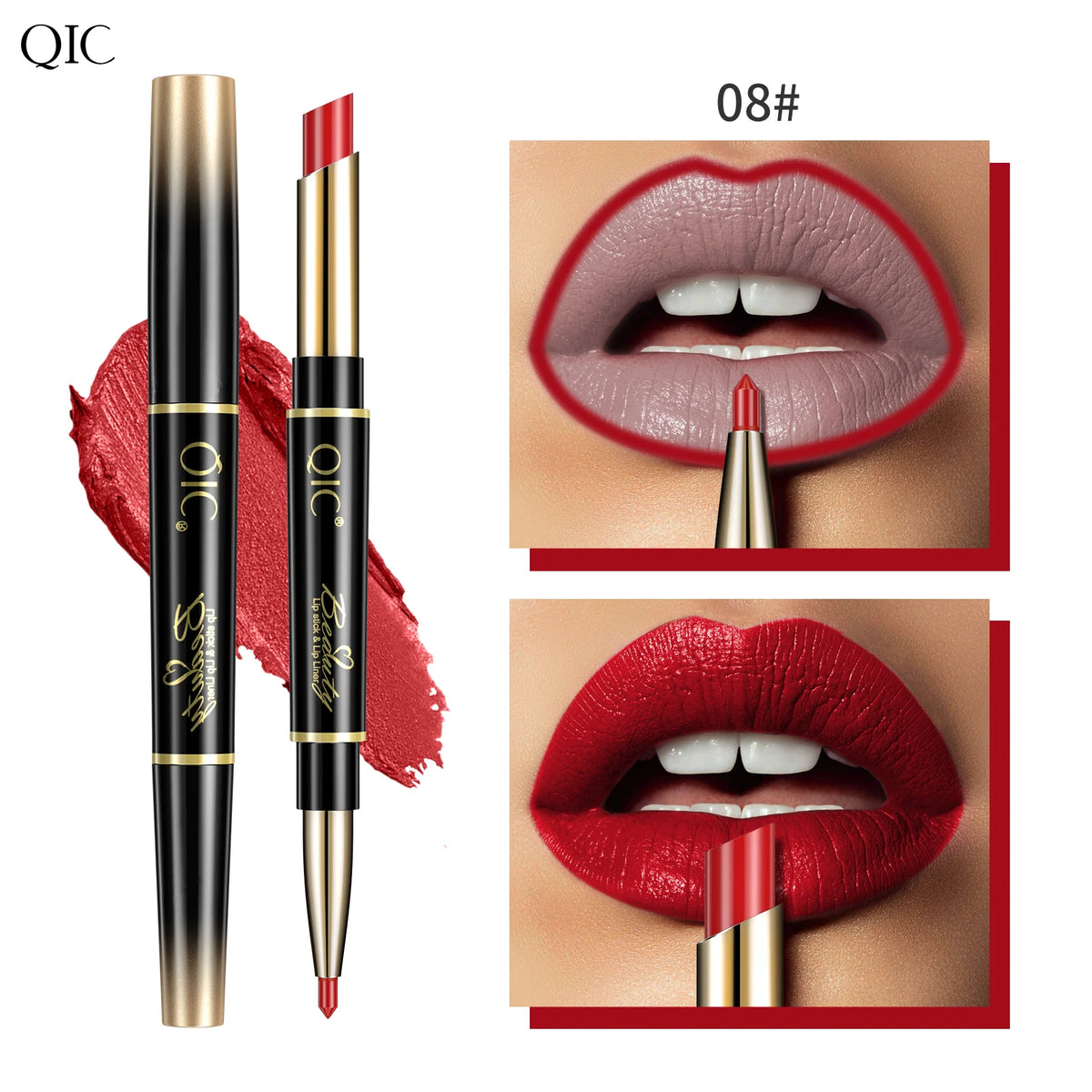 QIC Lipstick Lipliner Pen Matte Velvet Lip Liner Pencil Contour Makeup Sexy Red Lip Stick Long Lasting Cosmetics