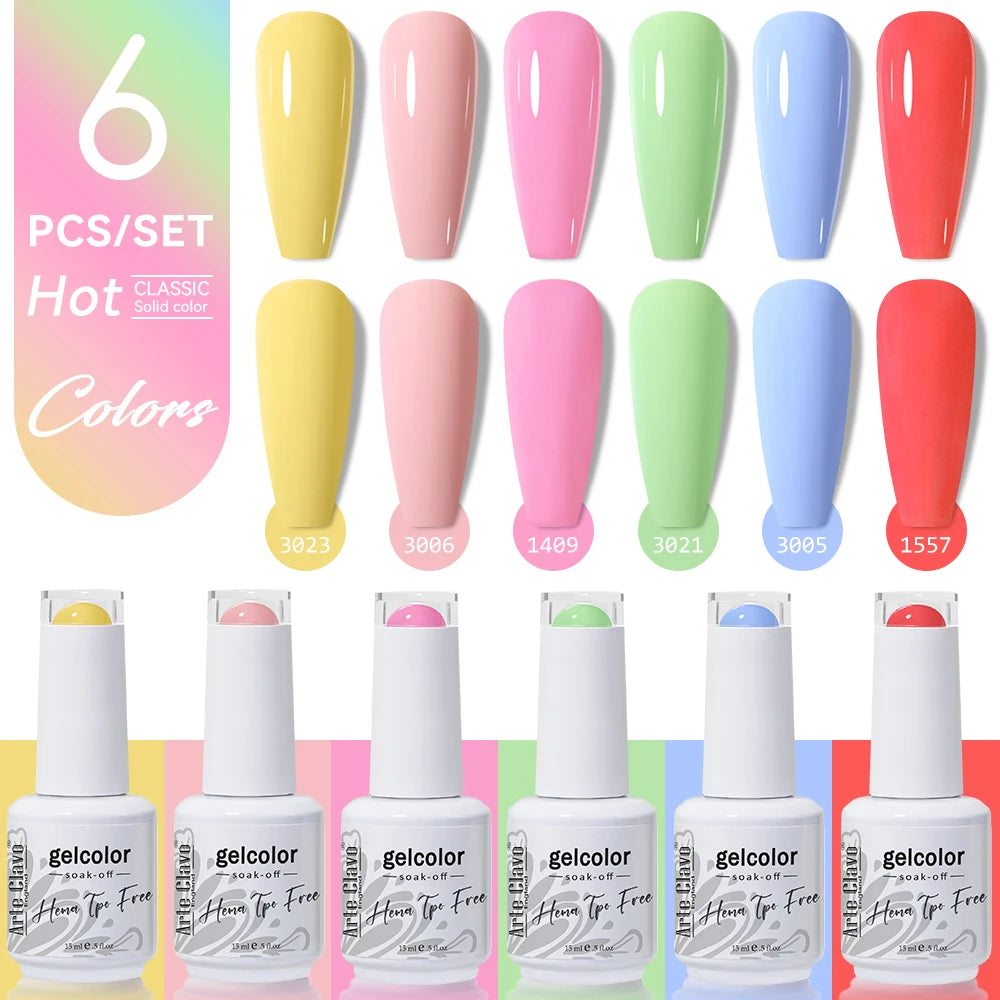 Arte Clavo 15ml Gel Polish Set 6PCS HEMA TPO Free Soak Off UV LED Nail Varnish Kit Long Lasting Manicure Gel for Nail Art Salon