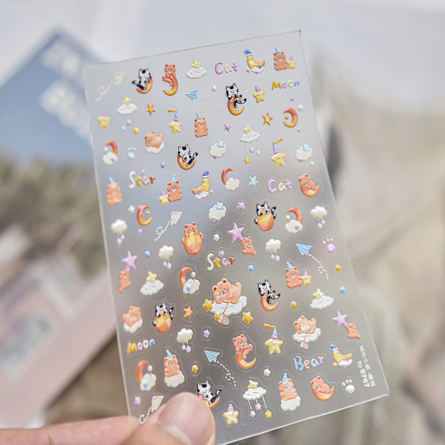 Light Blue 5D Nail Art Stickers Cartoon Cat Cherry Apple Clock Starfish Shell Blossom Decal Self Adhesive Sweet Fresh Manicure