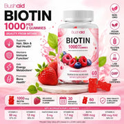 Bushaid Biotin Gummies 1000mcg Hair Skin Nails Vitamins A C D E B6 B12 Folate Strawberry Non-GMO Vegan Gluten Free 60 Count