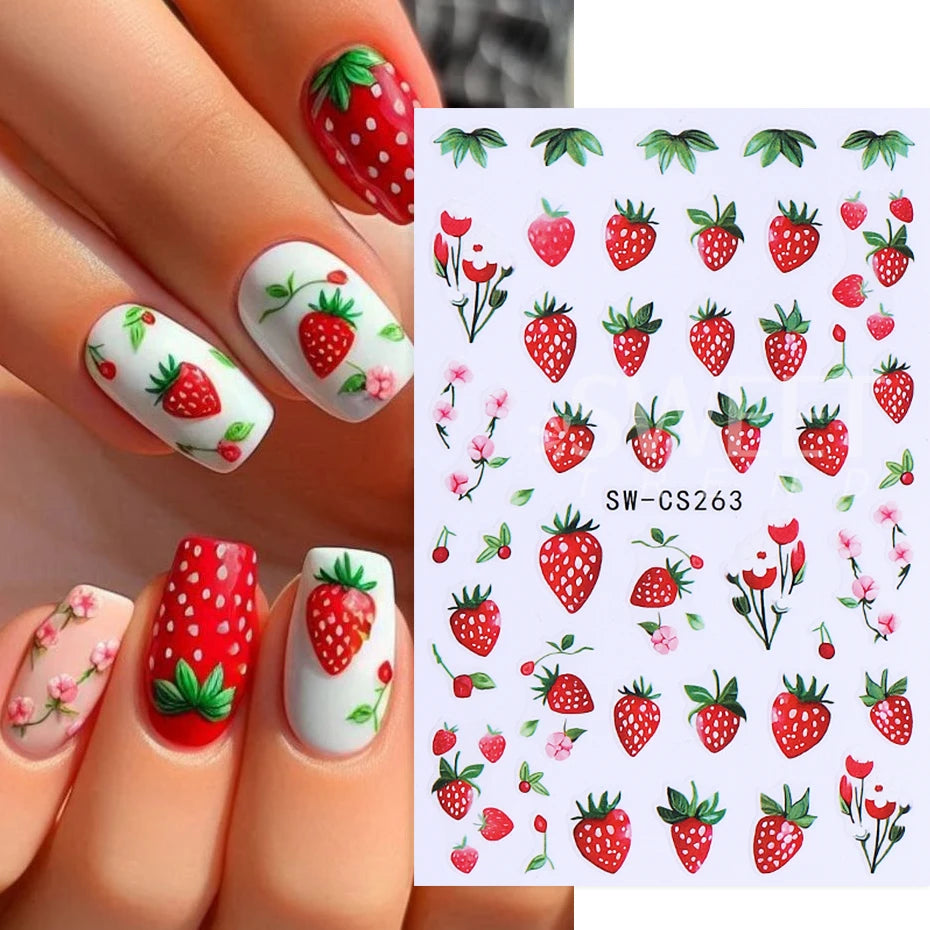 3pcs Lemon Fruits Nail Stickers 3D Cute Strawberry Blueberries Petals Nail Decals DIY Adhesive Slider Summer Manicure Decoration