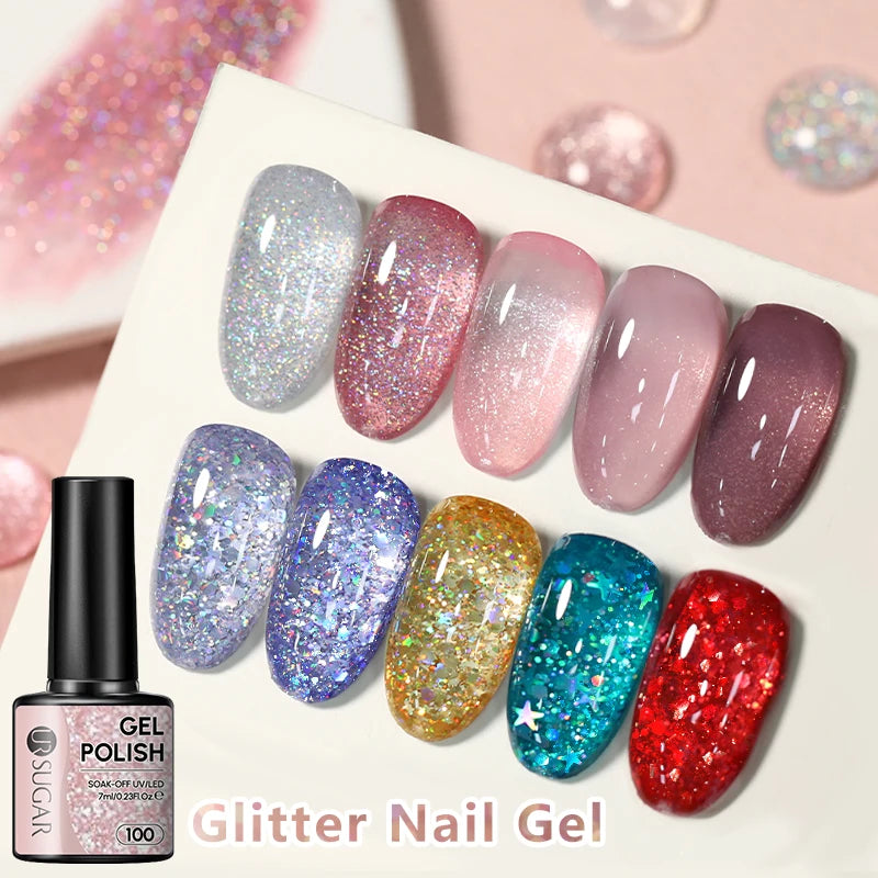 UR SUGAR 7ml Glitter UV Gel Nail Polish Glitter Sequins Soak Off UV Gel Varnish Colorful Nail Gel Polish DIY Nail Art Polish