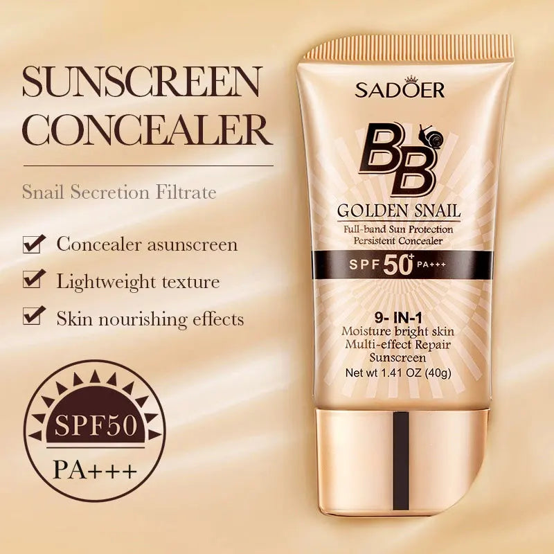 SPF50+ Gold Snail Sunscreen BB Cream Whitening Foundation Moisturizing Long Lasting Even Skin Tone Makeup Base Primer