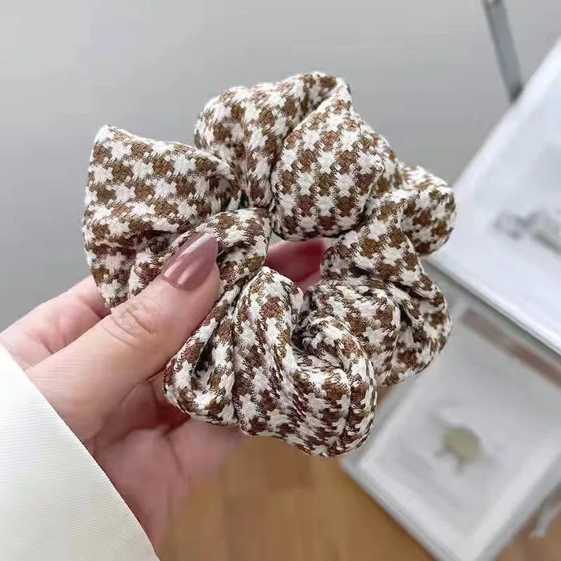 Korean Brown Color Scrunchies Lazy Style Houndstooth Simple Casual Large Hair Tie Rope Student Girls Solid Elastic Hair Bands