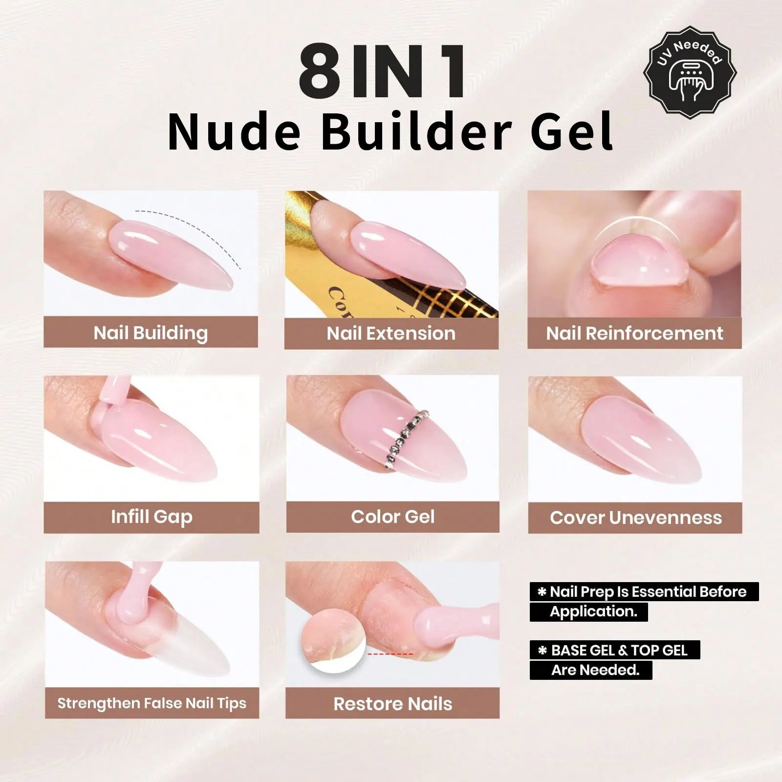 15ML 8 In 1 Nude Builder Gel for Apex Building Extension & Thin Nail Strengthener, UV LED Lamp Required