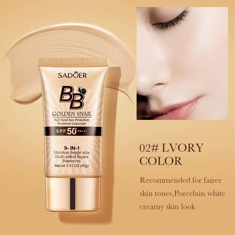 SPF50+ Gold Snail Sunscreen BB Cream Whitening Foundation Moisturizing Long Lasting Even Skin Tone Makeup Base Primer