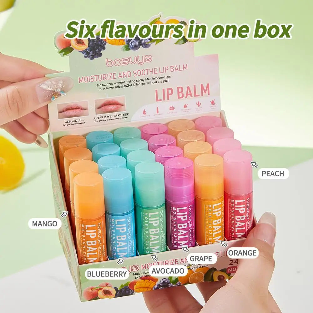 24PCs Natural Fresh Fruit Lip Balm Set Winter Moisturizing Lip Oil Long-Lasting Glossy Nourishing Lipstick Dry Lip Care Makeup