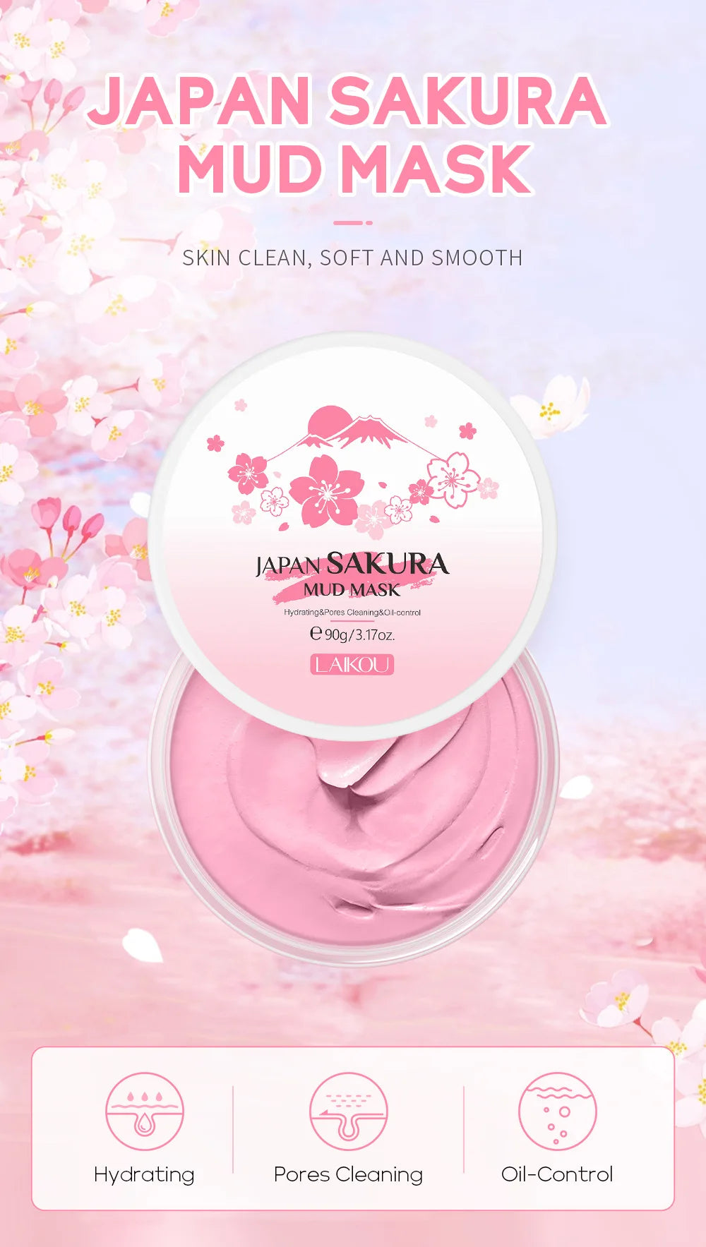 LAIKOU Sakura Clay Mask 25g/90g Deep Cleansing Oil Control Blackhead Removal Moisturizing Brightening Facial Skin Care