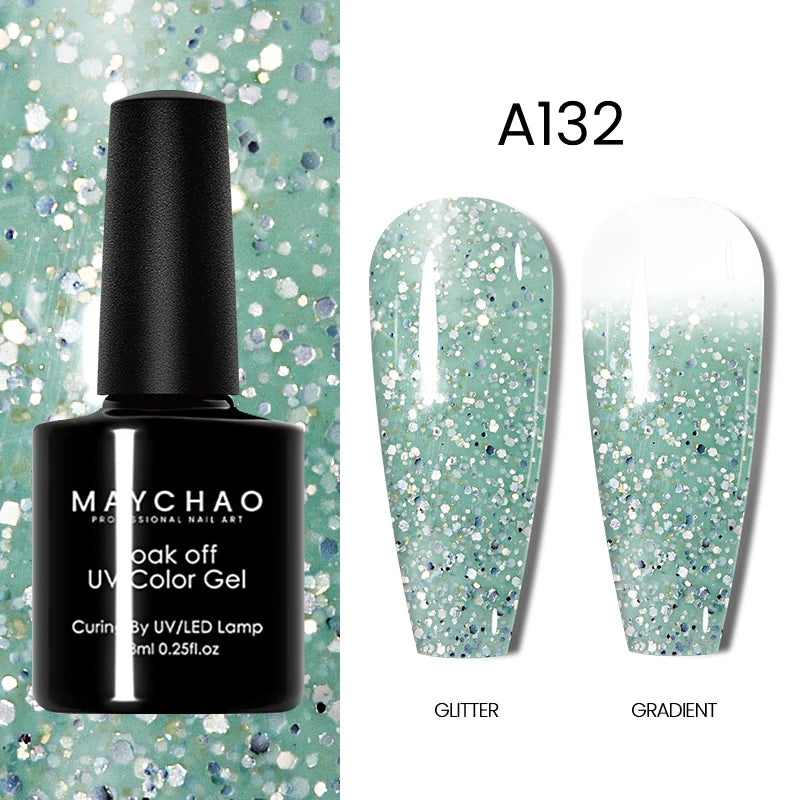 MAYCHAO Glitter Gel Nail Polish 7.3ml Semi-permanent Sequins Shiny Gel Base Top Coat Soak Off UV LED Varnish Nail Art Decoration