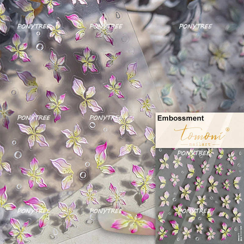 Elegant Pink Purple Flower Rose Colourful Gentle Petal Peach Blossom Metal Shiny Self Nail Art Sticker Decoration Manicure Decal