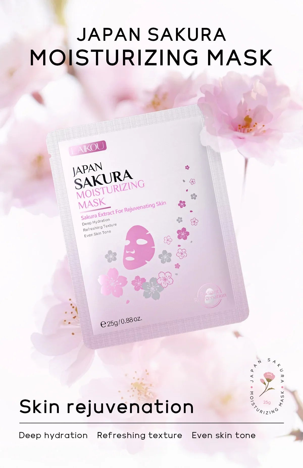 Laikou Sakura Facial Mask, Hydrating & Brightening Sheet Mask for Moisturized and Radiant Face Masks Skin Care Cosmetics 25g