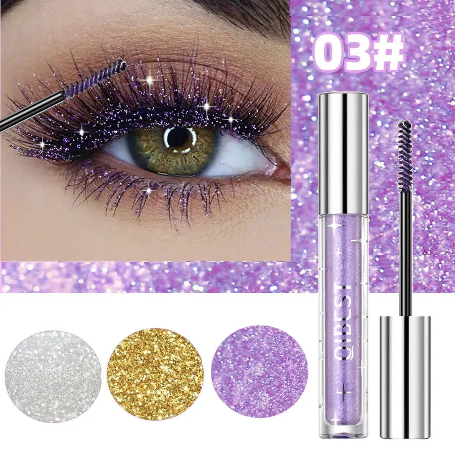 QIBEST Sliver Gold Purple Glitter Mascara Quick Dry Lasting Waterproof Curling Thick Shiny Eyelash Diamond Mascara 3 Colors