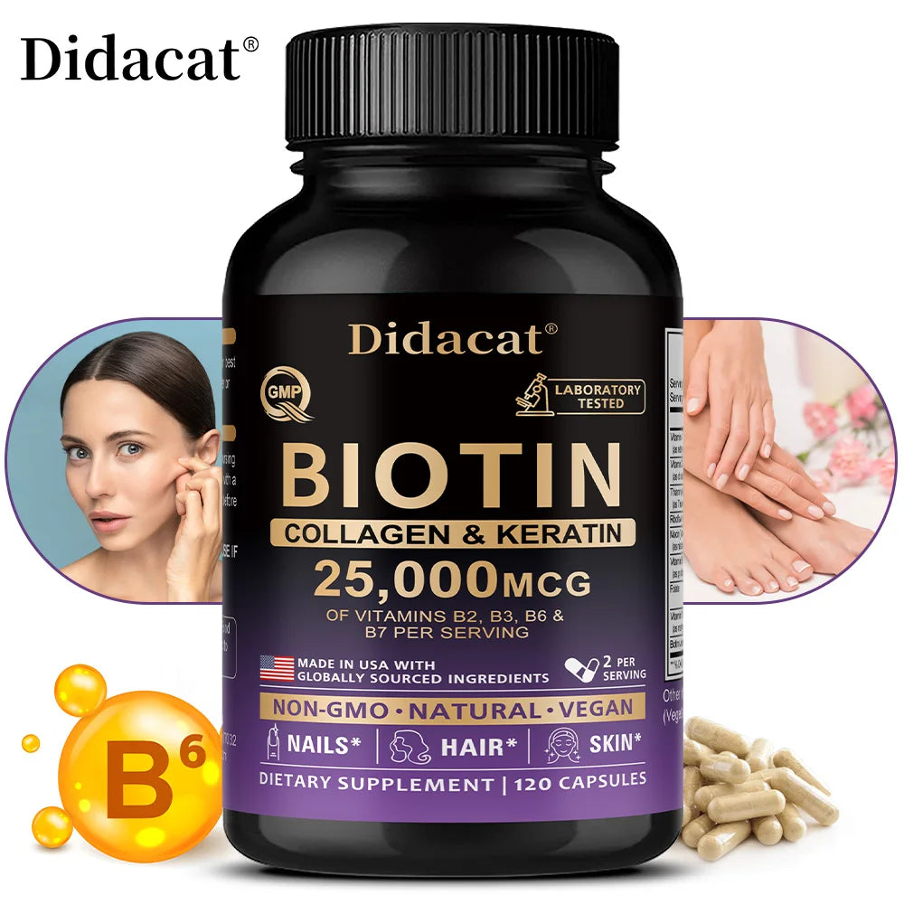 Biotin Vitamins with Collagen & Keratin - 25000 mcg Capsules,B1,B2,B3,B6,B7 Complex,Healthy Nails & Skin,Hair Growth
