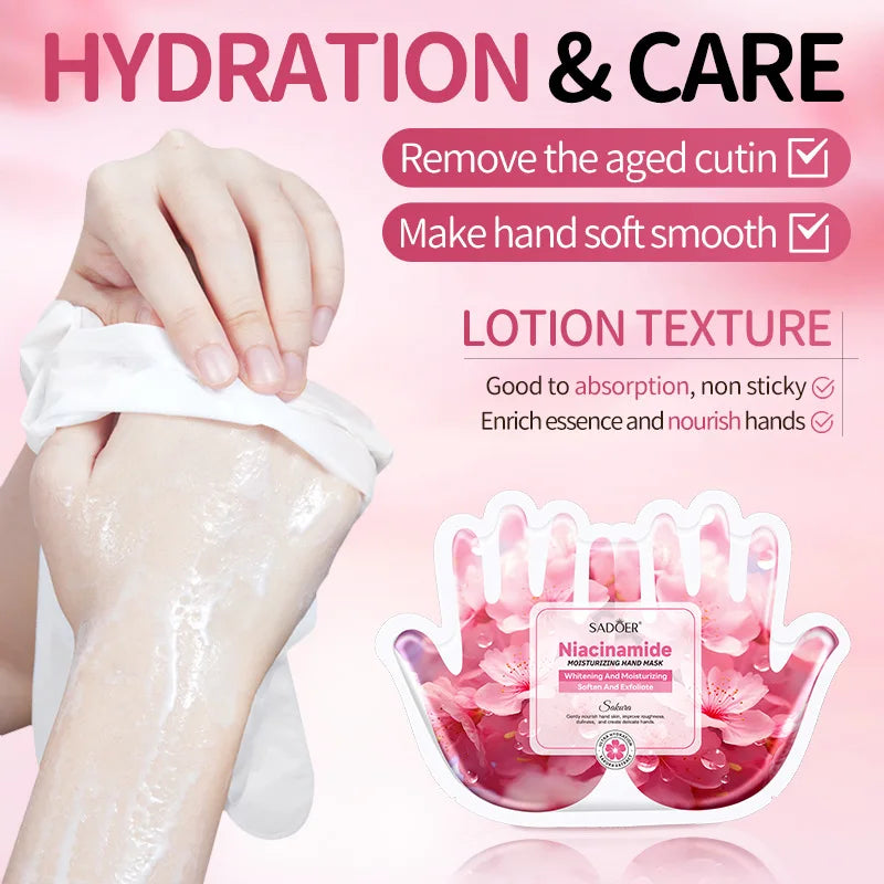 5 Pairs SADOER Sakura Niacinamide Hand Mask Moisturizing Whitening Exfoliating Nourish Hand Care Gloves For Dry Aging Hands Skin