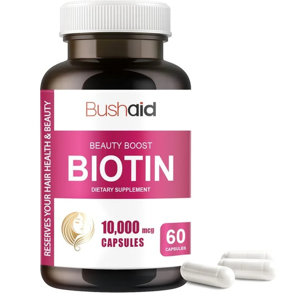 Bushaid Biotin 10000mcg Hair Growth Skin Nails Support Vitamin C E Zinc Selenium Horsetail Non-GMO Vegan Gluten Free 60 Capsules