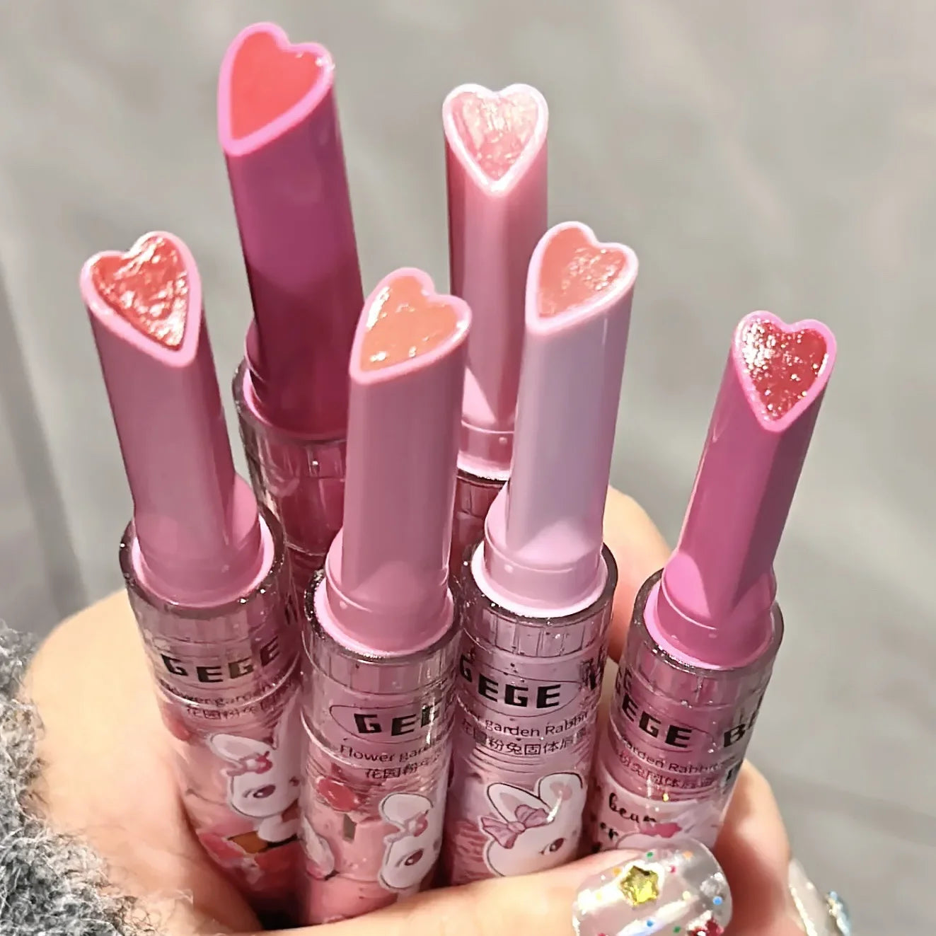 Gege Bear Garden Pink Rabbit Jelly Lip Gloss Solid Lip Glaze Mirror Glass Water Light Heart Shape Lipstick Korean Lip Tint