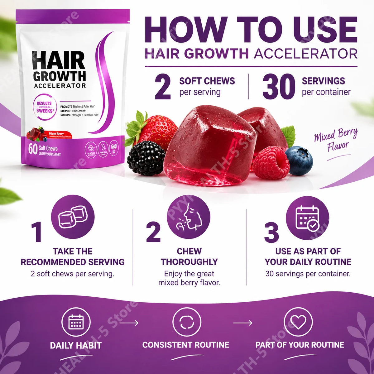 Biotin Hair Growth Soft Chews Supplement, Support Fuller Thicker Hair, Vitamin C & E for Healthy Hair Nourishment, 60 Gummy