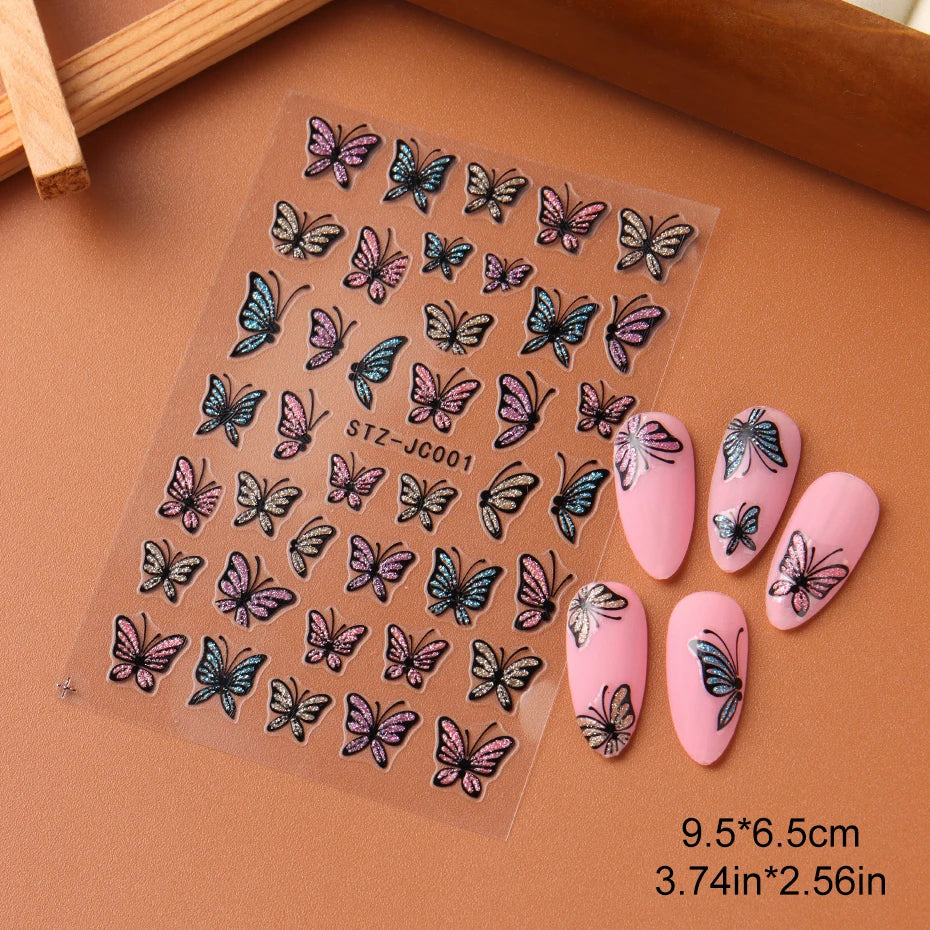 Glitter Butterfly Nail Stickers Decals Charm 3D Shiny Blue Pink Design Self Adhesive Sliders Nail Art Foils Manicure Decorations