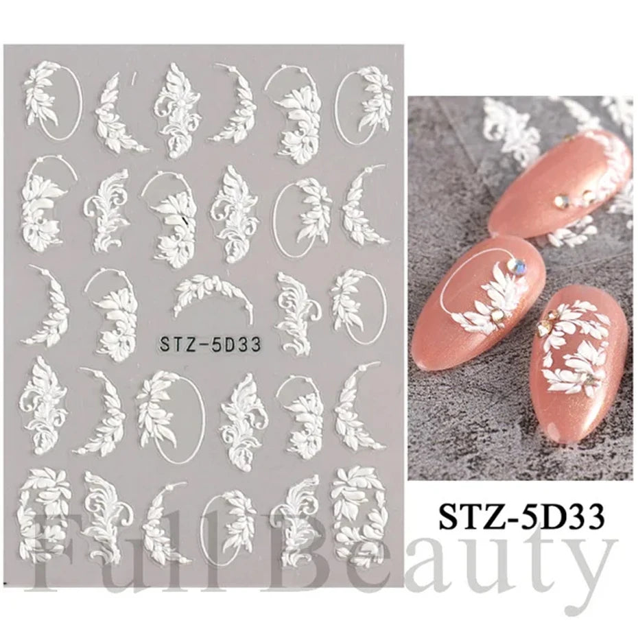 5D Simple Flowers Nail Embossed Stickers Elegant Wedding Design Adhesive Sliders Floral Textured Engraved Decoration Supplies