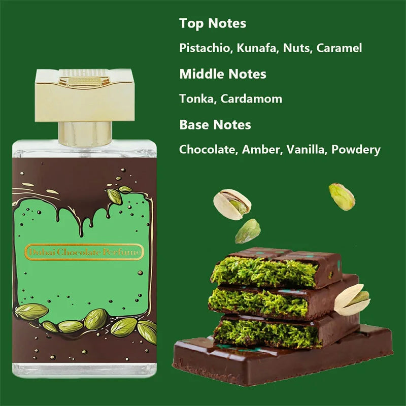 Dubai Pistachio Cocoa Kunafa Vanilla Perfume,Unisex Cuisine Fruity Notes Eau De Parfum,Chocolate Fragrance Spray,Fresh Scent